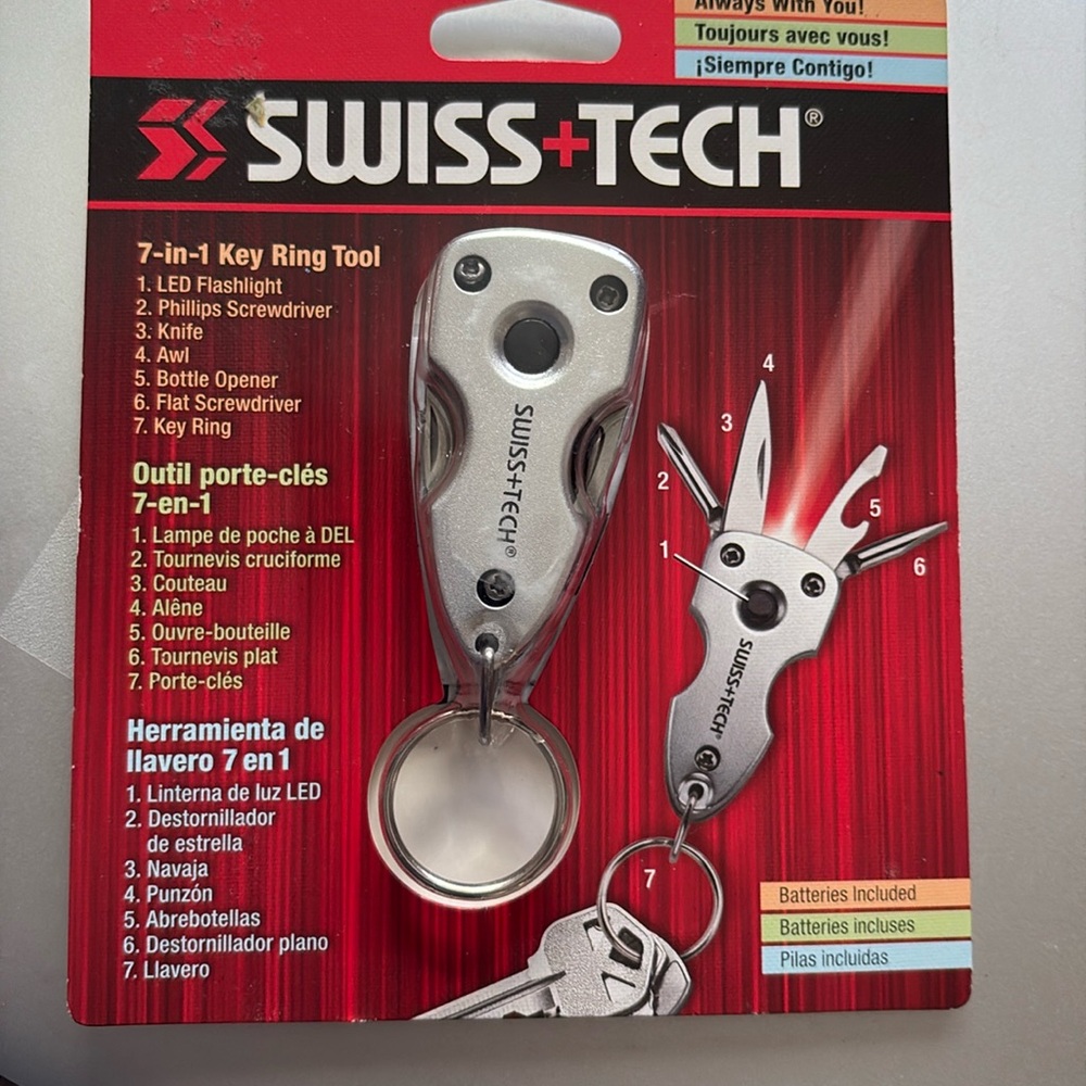 Swiss+Tech ST60300 Silver 7-in-1 Key Ring Multitool with LED Flashlight